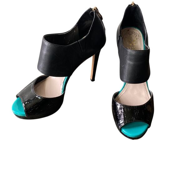 VINCE CAMUTO Leather Sandal Womens Sz 8.5 Black Platform Peep Toe - Picture 2 of 8